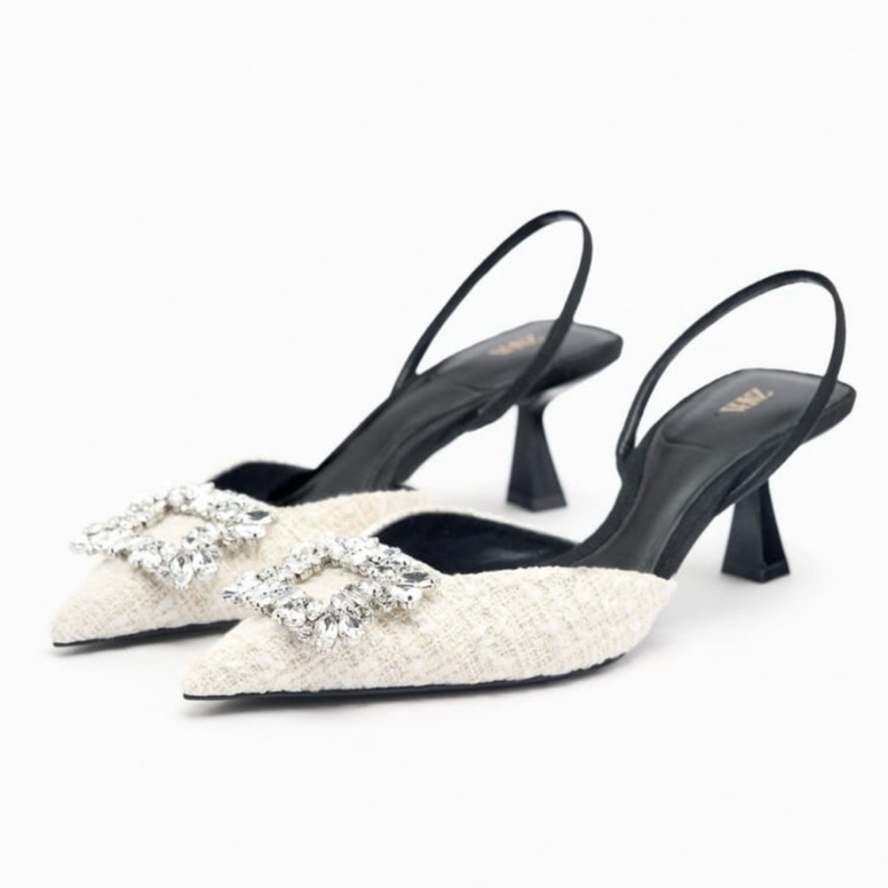 New Zara White Fabric Boucle Tweed Rhinestone High Heeled Slingback Pumps